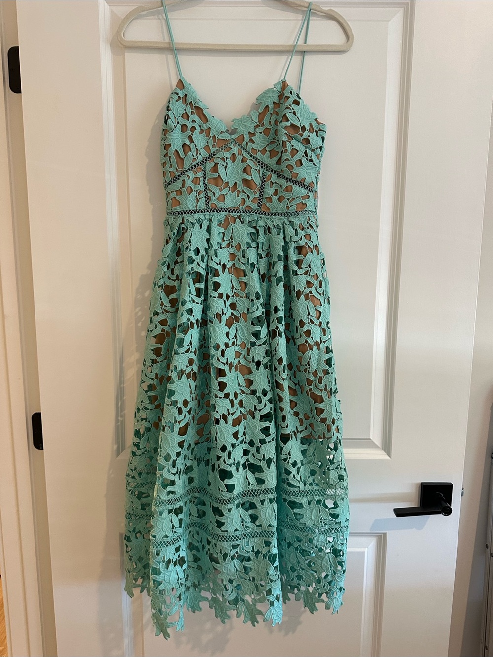 Self-Portrait Aqua Lace Illusion Midi Dress with Spaghetti Straps